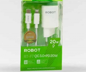 Bộ sạc nhanh 2 cổng ROBOT RT-F7 Trắng (1 cổng Type-C, 1 cổng USB, 20W, Kèm cáp Type-c to Lightning)